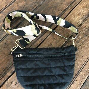 Quilted Black Crossbody Bag with Patterned Strap
